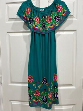 Embroidered Teal Off-Shoulder Mexican Style Dress